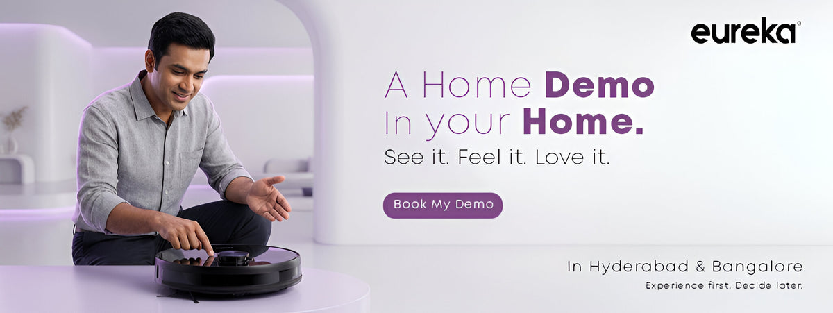 Eureka robot vacuum with a man using it, set against a modern home interior.