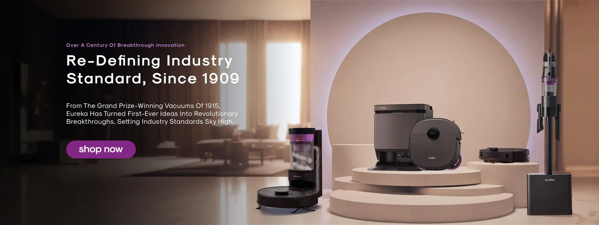 Product display with vacuum cleaners, featuring text about industry standards and a 'shop now' button.