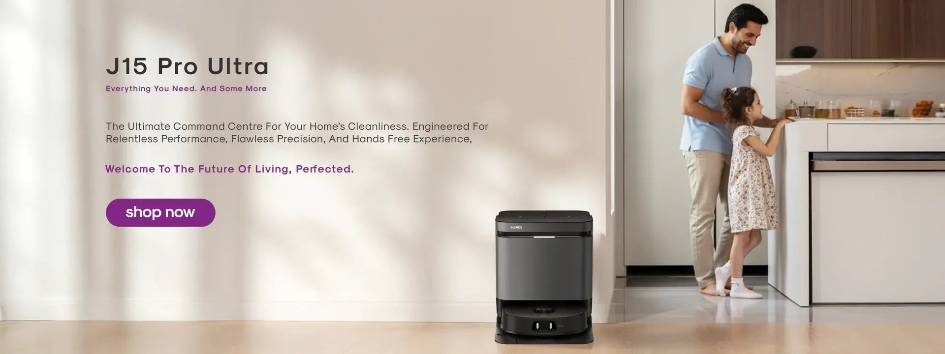 Robot vacuum cleaner with a family in a kitchen.